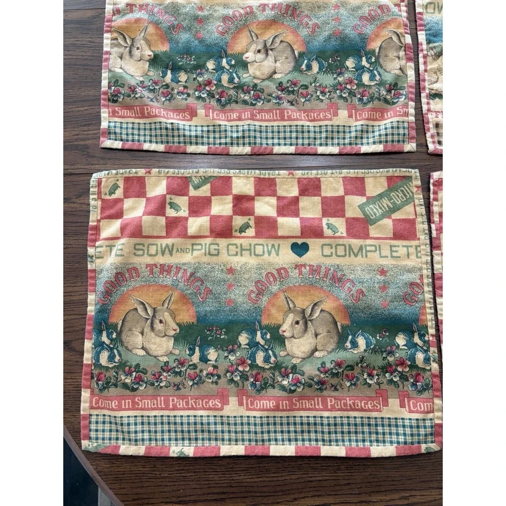 Vintage Feed Sack Style Farmhouse Placemats‎ Set If 4 Rooster Bunny Cottagecore